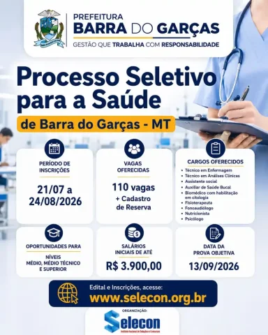 Oportunidade: Prefeitura de Barra do Garças abre processo seletivo para contratação temporária na Saúde