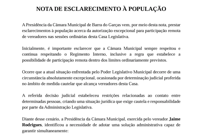 Presidência da Câmara de Barra do Garças divulga nota de esclarecimento sobre sessões remotas